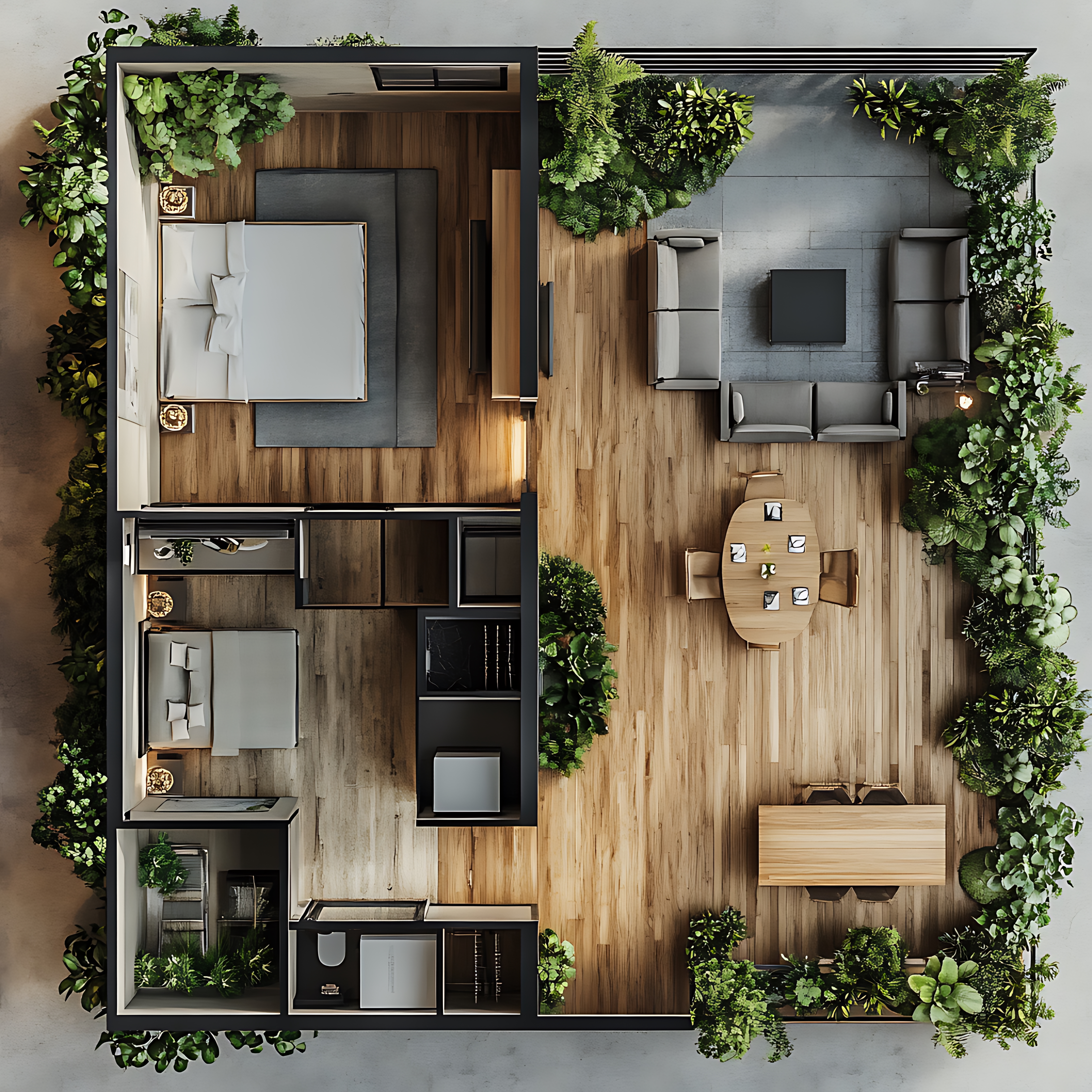Planta baixa de área gourmet com distribuição de churrasqueira, bancada e mesa